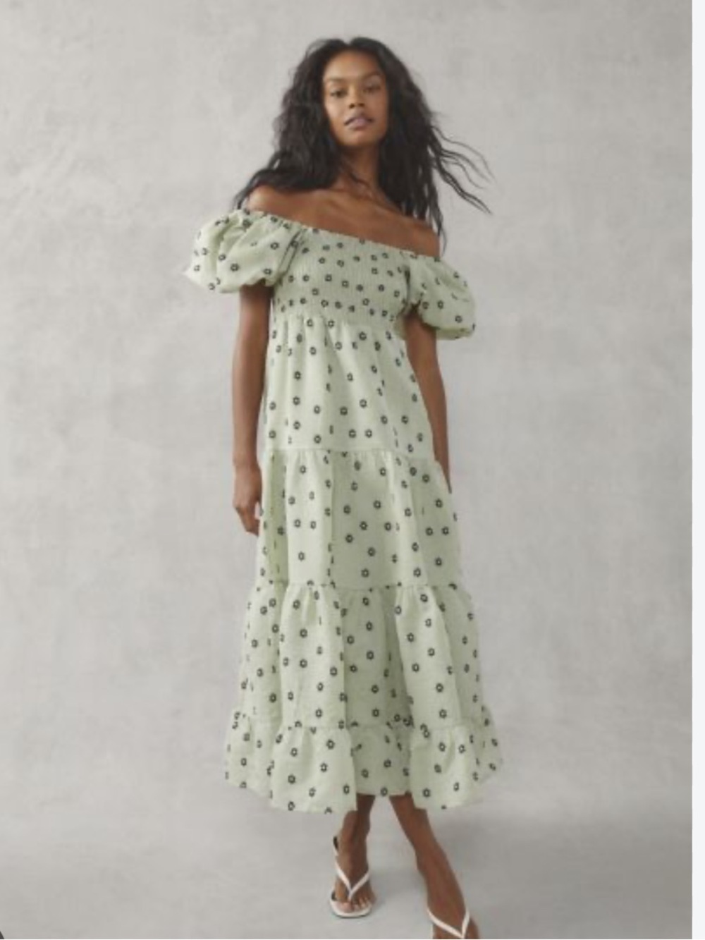 Sister Jane pompano floral jacquard tiered off-the- Shoulder Sage midi dress